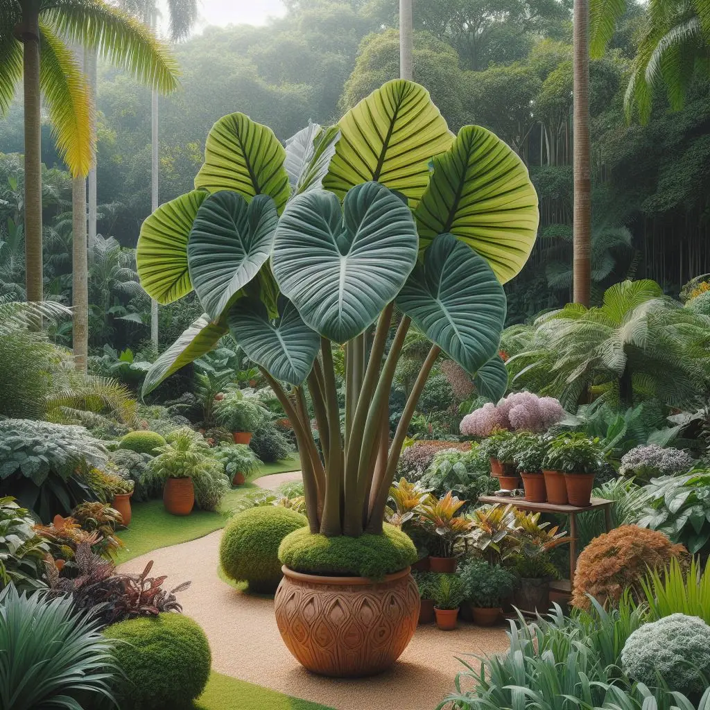 Alocasia ‘Amazonica’ in a Garden