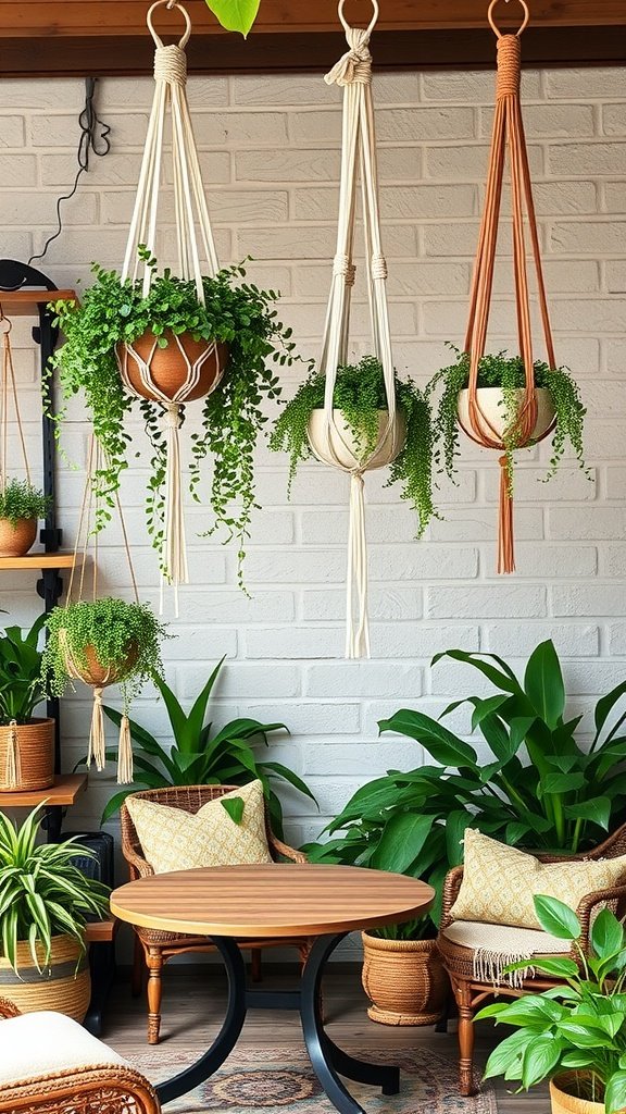 Stylish macramé plant hangers with lush plants suspended in a cozy outdoor setting.