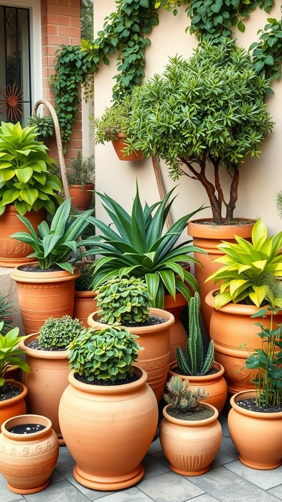 A collection of earthy terracotta pots filled with various plants in an outdoor setting.