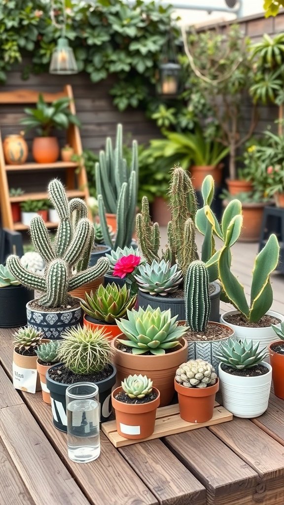 A variety of potted succulents and cacti arranged on a patio table.