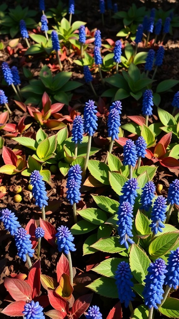 Ajuga plants with blue flower spikes and colorful foliage in a shaded area.