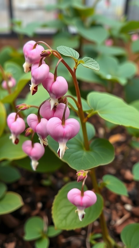 Close-up of pink Bleeding Heart flowers with green leaves.