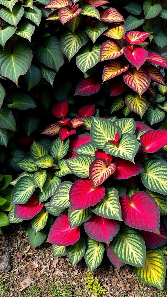 Colorful Caladium leaves in shades of green, pink, and red