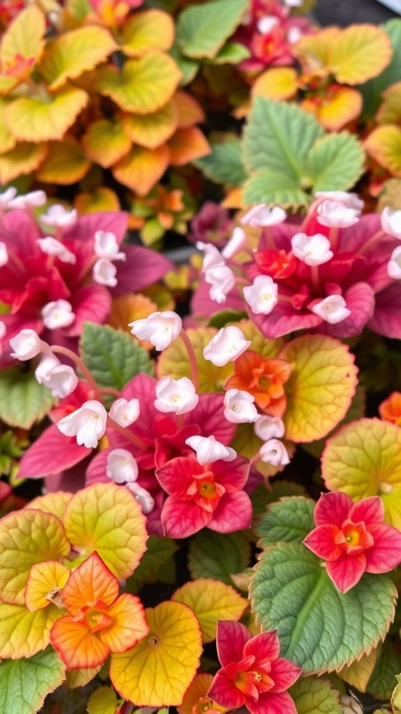 A close-up of coral bells with colorful foliage and bell-shaped flowers