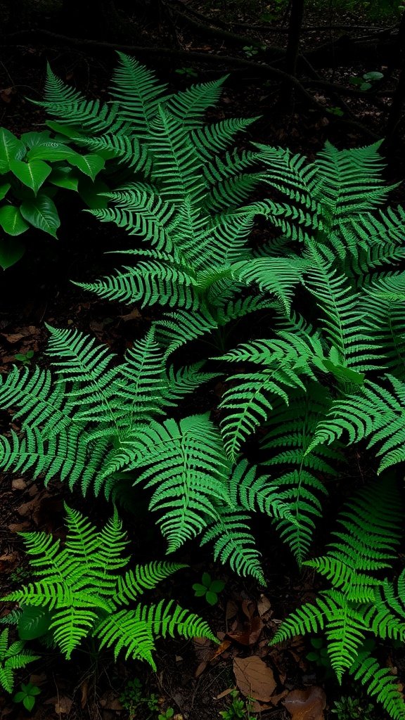 A close-up view of vibrant green ferns growing in a shaded area.