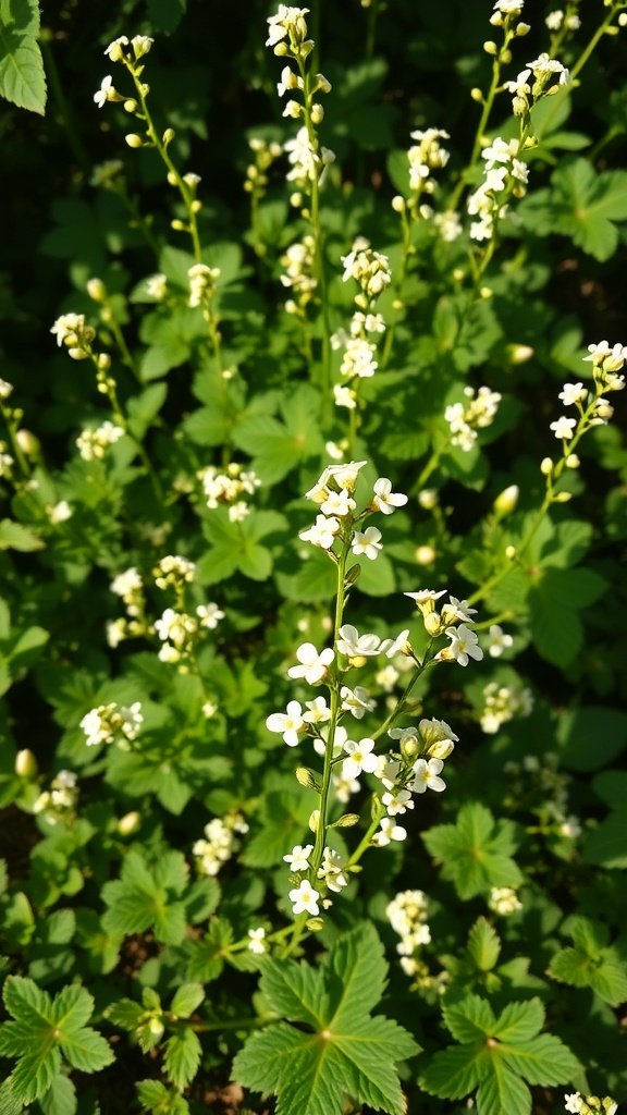 Close-up of foam flower plants with delicate white blooms and green leaves