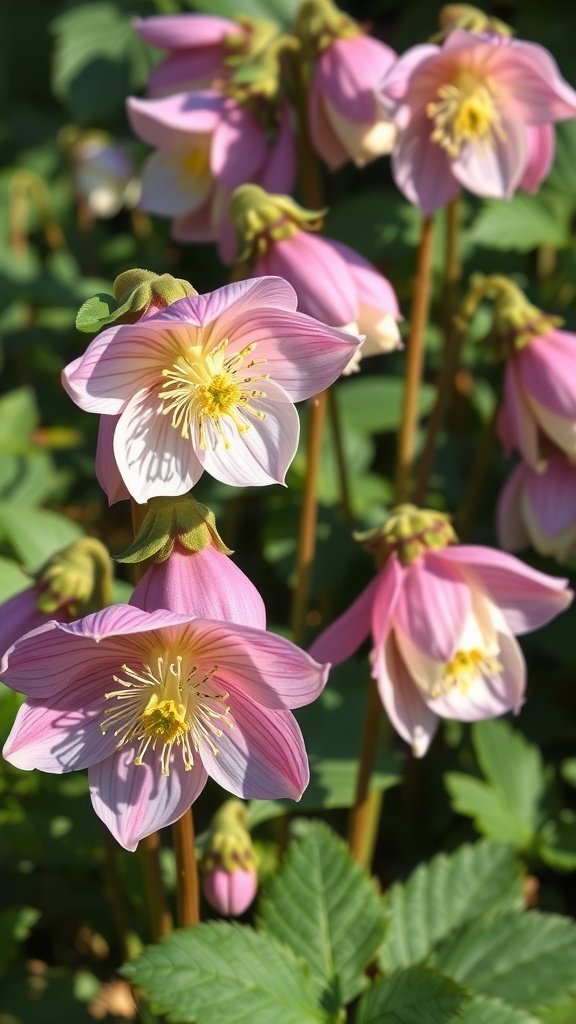Beautiful hellebore flowers in a shaded garden setting.