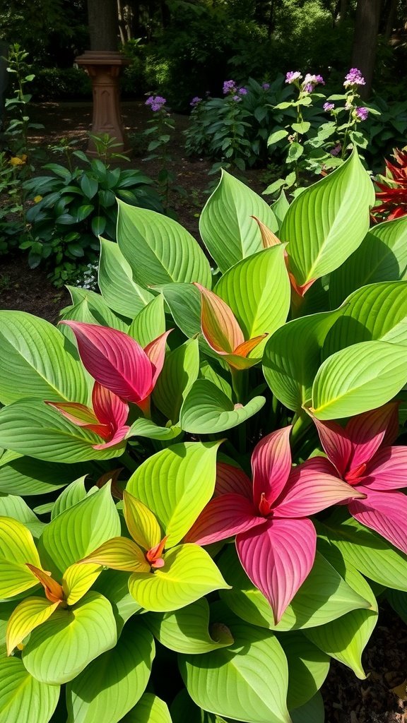 A vibrant mix of hosta plants showcasing large green and pink leaves in a shaded garden.