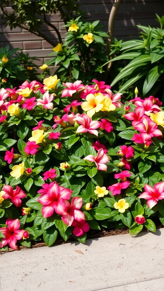 Colorful impatiens flowers in bloom, showcasing vibrant pink and yellow colors.