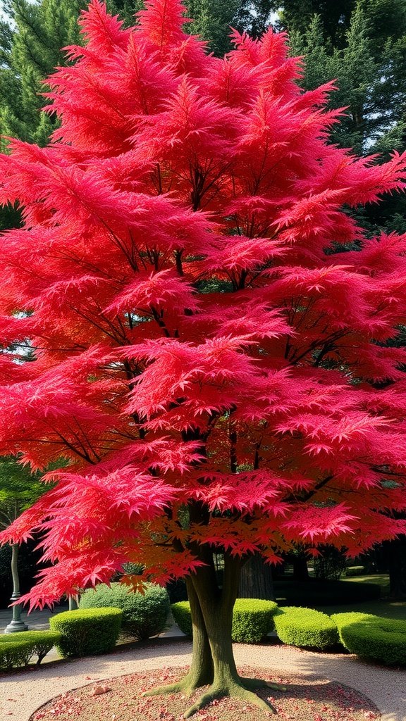 A vibrant red Japanese maple tree with delicate leaves.