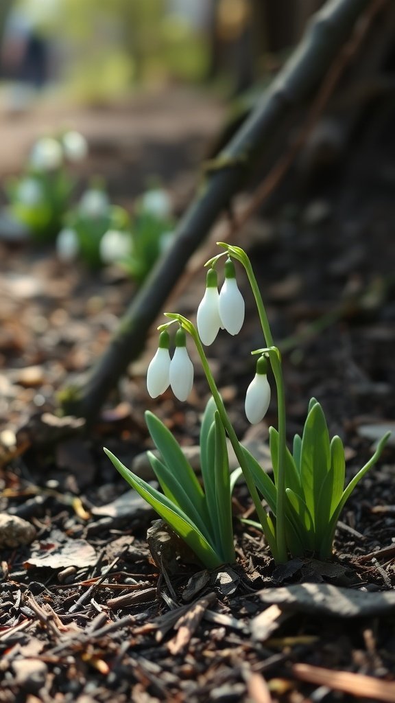 Snowdrop flowers blooming in a shaded area