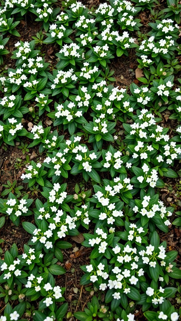 A lush ground cover of Sweet Woodruff with small white flowers and green leaves.