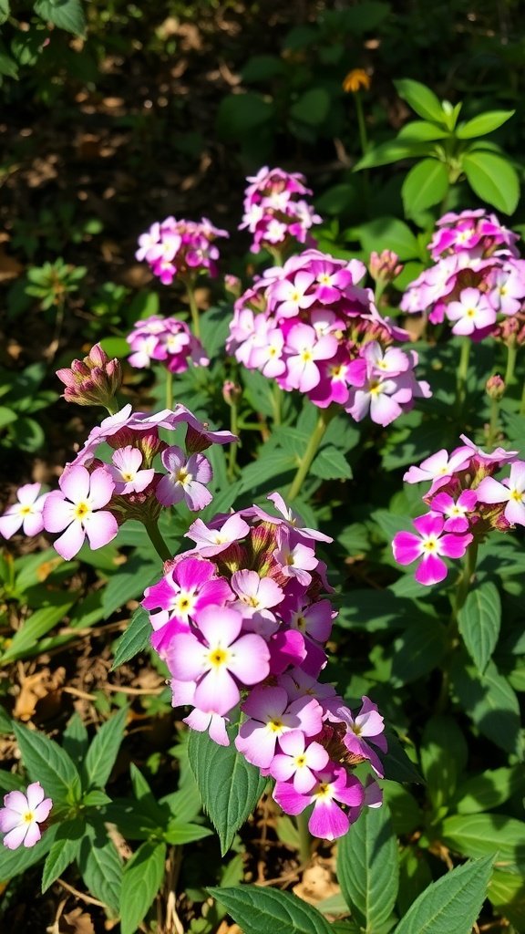 A cluster of pink and purple woodland phlox flowers in a shaded area.