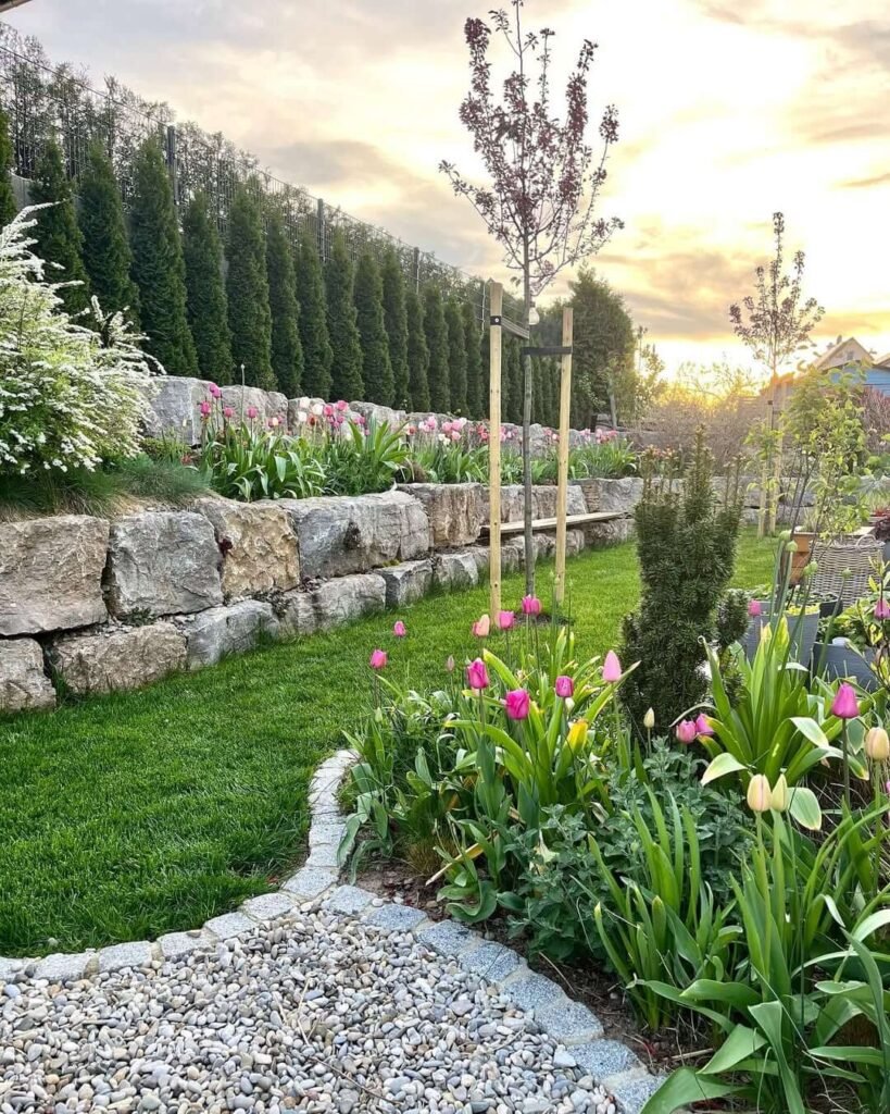 2. Terraced Flower Beds with Tulips for Sloped Yards