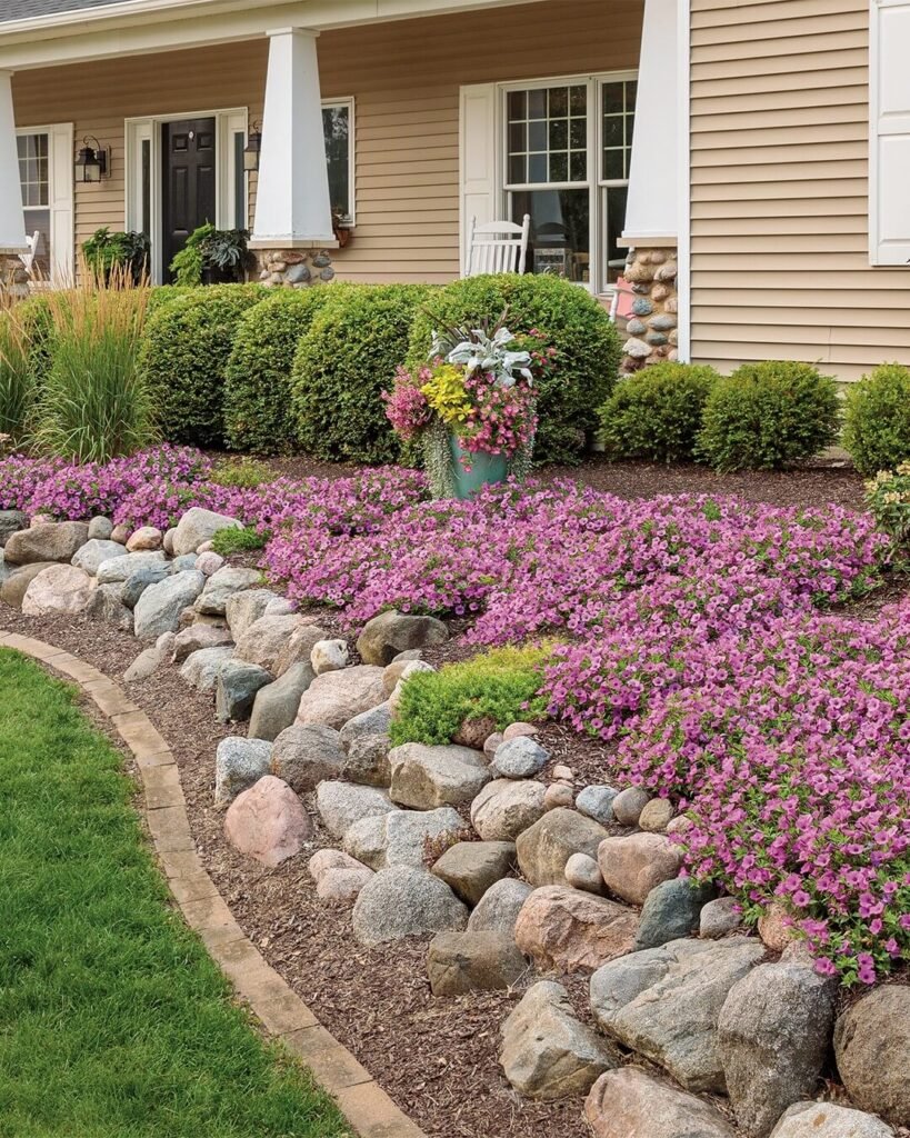 6. Layered Rock Garden with Ground Cover Blooms