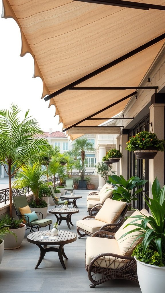 Stylish outdoor patio with fabric draped awning, comfortable seating, and lush plants