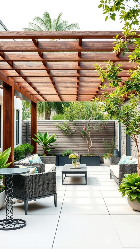 A sleek modern pergola design over a cozy outdoor seating area with plants.