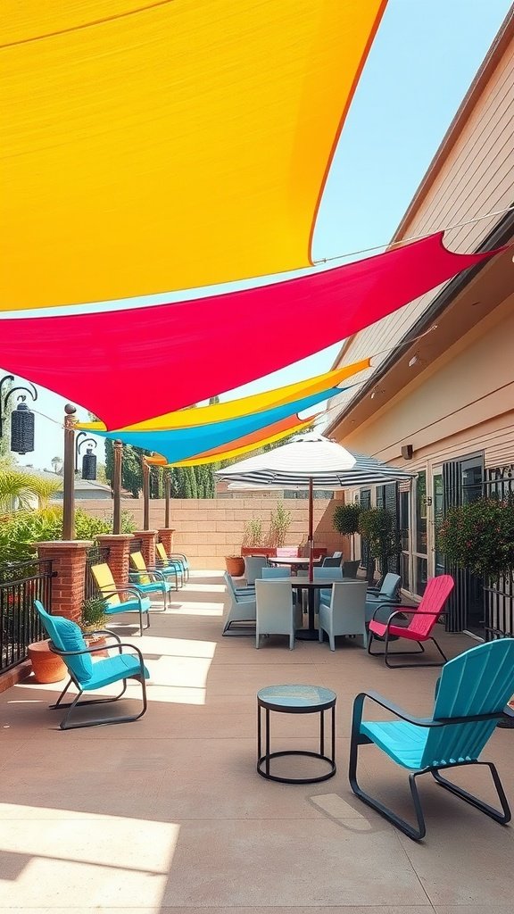 Colorful shade sails over a patio with seating