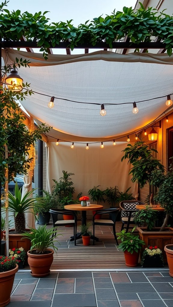 A cozy outdoor patio with a canopy and hanging lights, surrounded by plants.