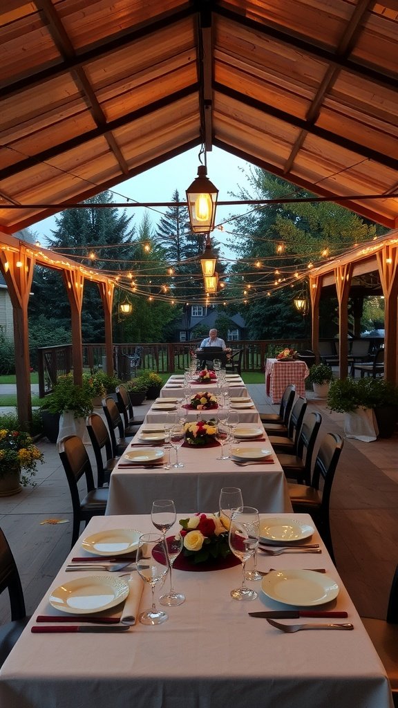 A covered outdoor patio featuring a long dining table set for a meal, adorned with flowers and elegant dinnerware, illuminated by hanging lights.