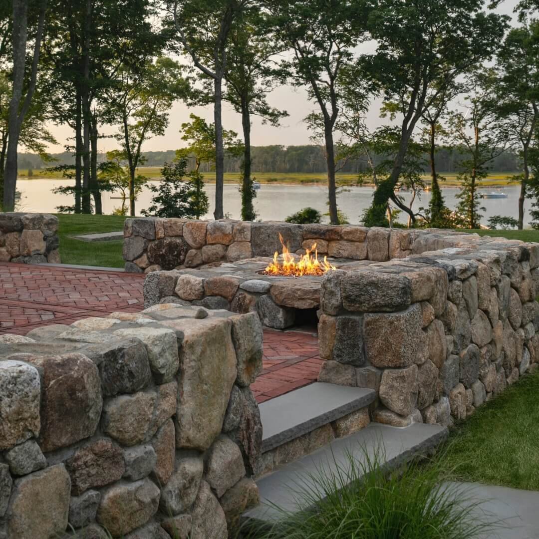 Natural Fire Pit Walled Courtyard Fire Pit with Water Views
