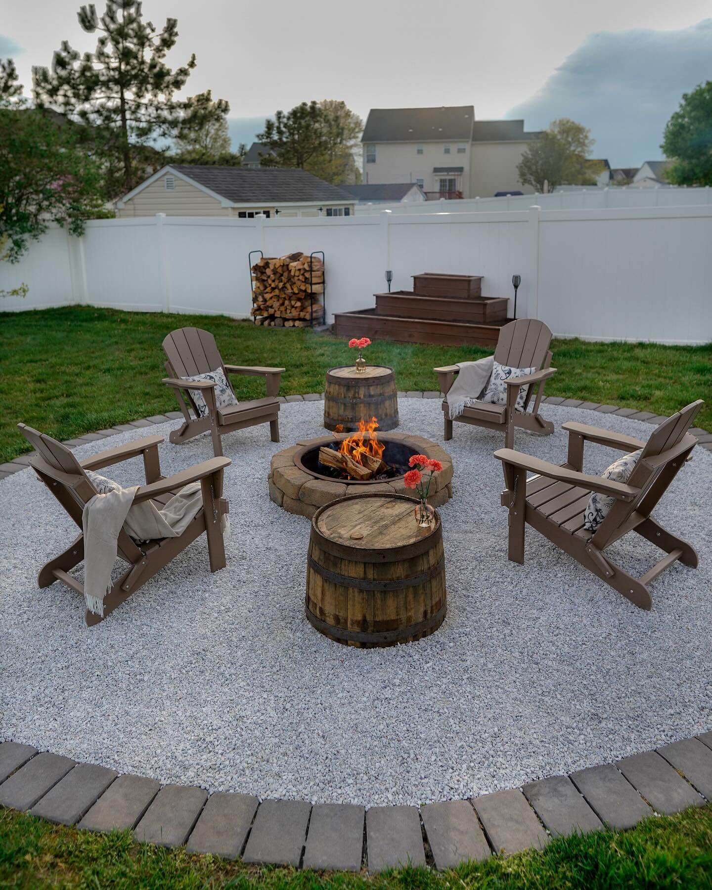 Fire Pit Seating Area Ideas Rustic Circle with Adirondack Chairs and Barrel Tables