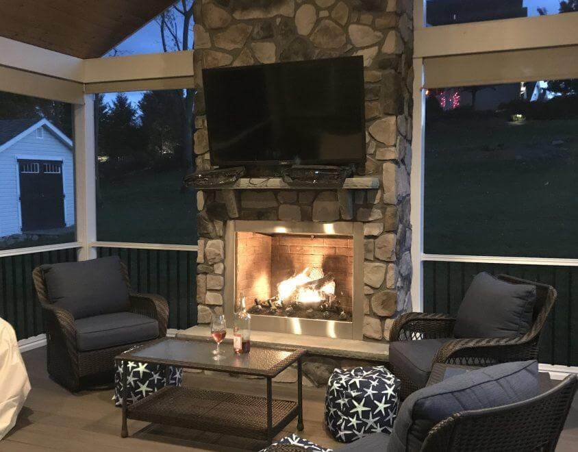 Vaulted Screen Back Porch Fireplace