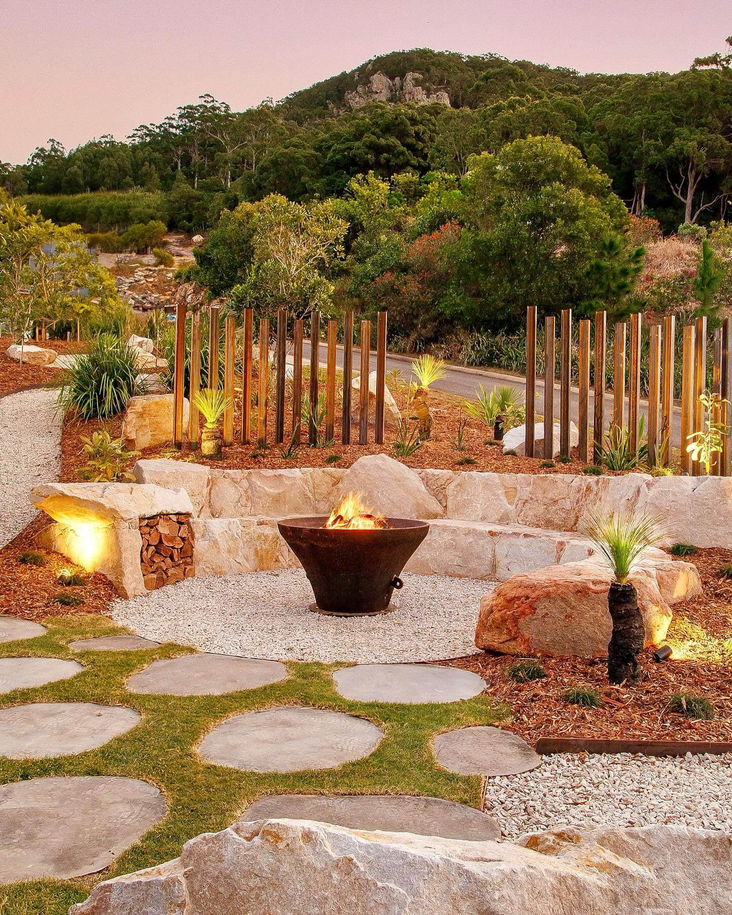  Fire Pit Seating Area Ideas Desert-Inspired Landscape with Boulder Seating