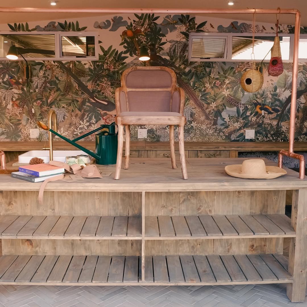 potting shed interior rustic wooden shelves