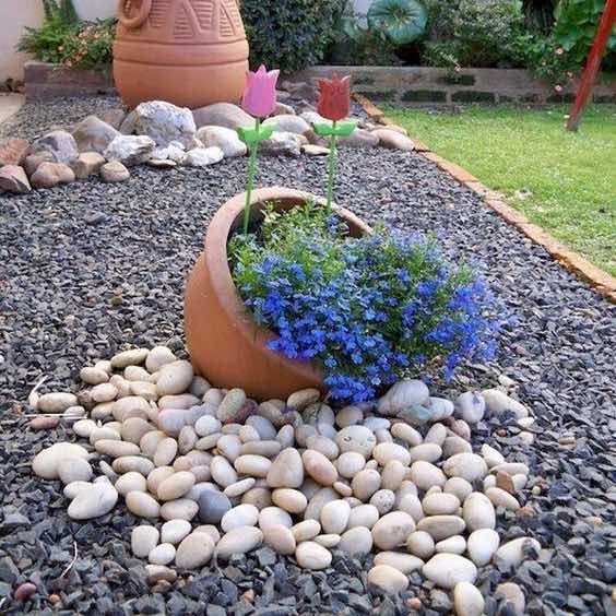 DIY Front Yard Rock Landscaping Rock Filled Flower Pots