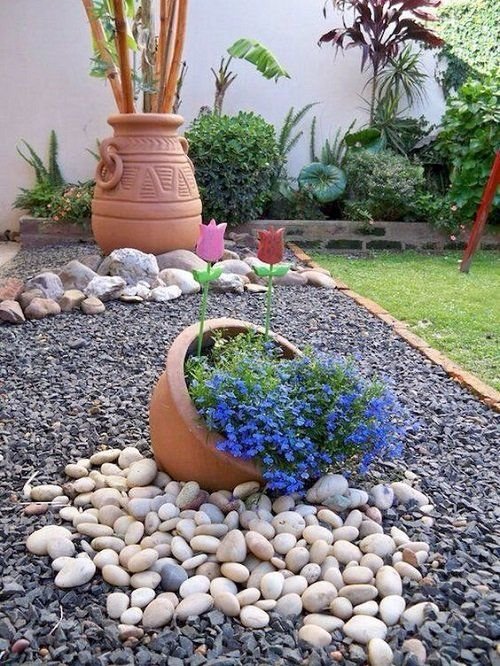 Outdoor Rock Garden Pottery and Pebbles