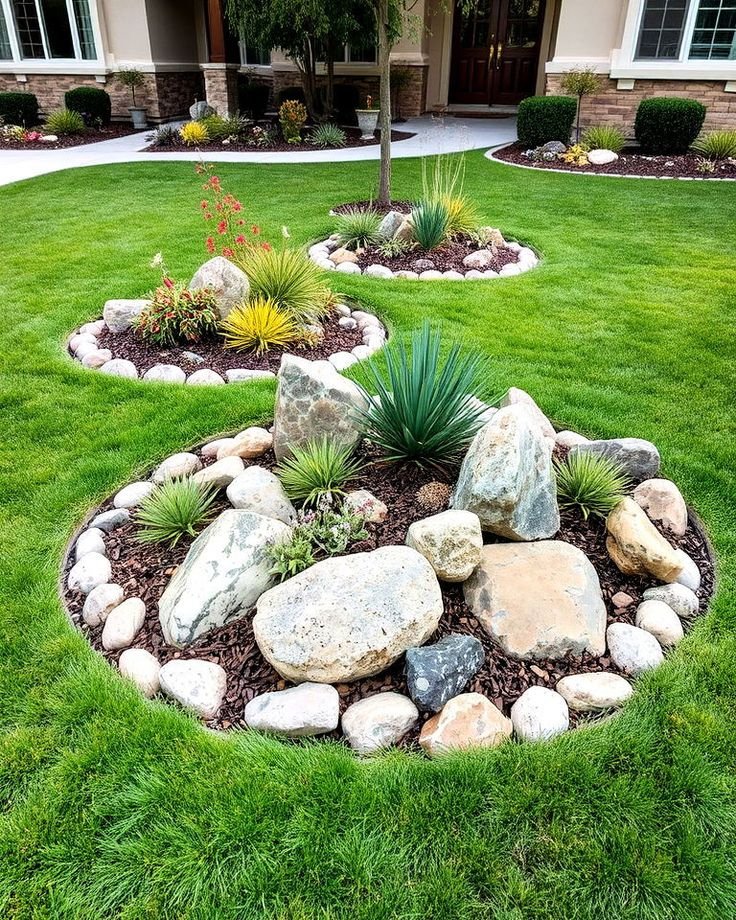 DIY Front Yard Rock Landscaping. Circular Rock Gardens