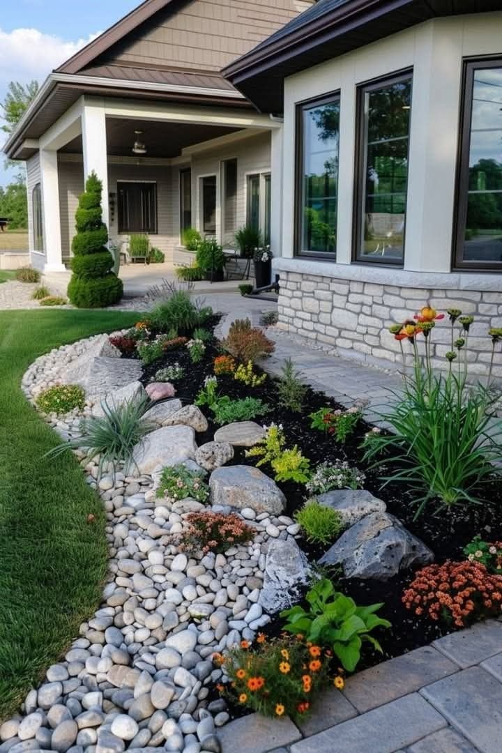 DIY Front Yard Rock Landscaping Rock and Flower Combinations