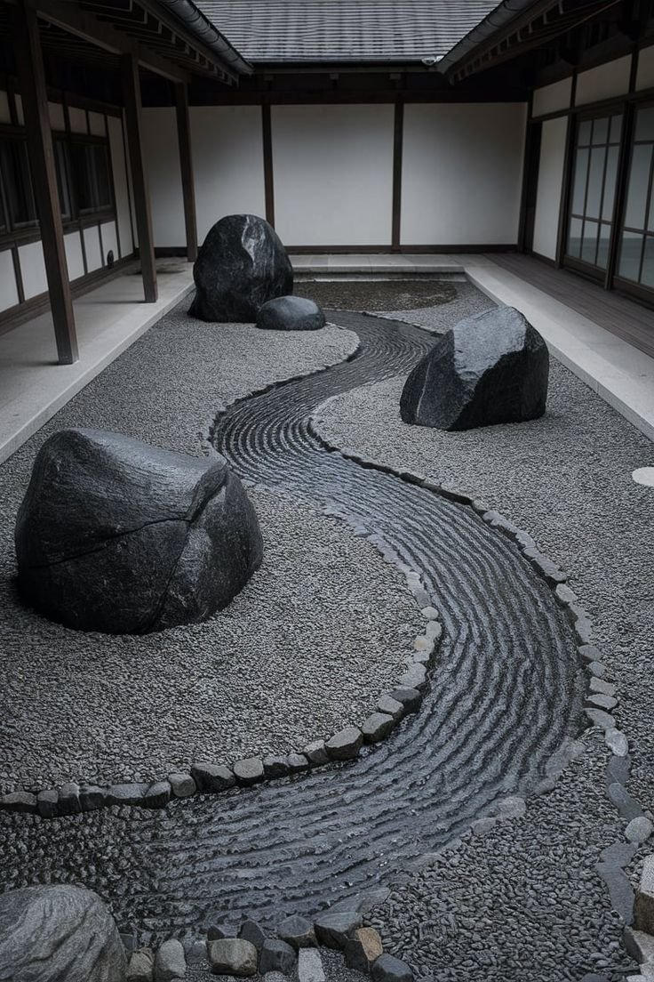 Japanese Rock Garden Zen Sand Patterns