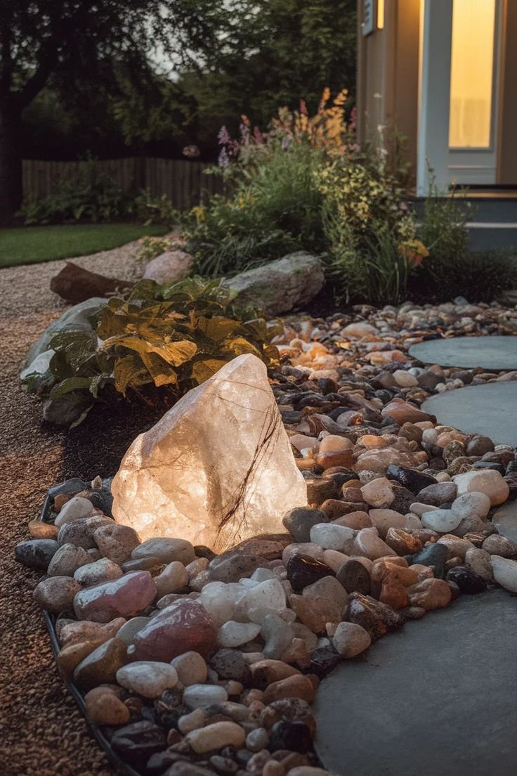 DIY Front Yard Rock Landscaping Illuminated Rock Paths