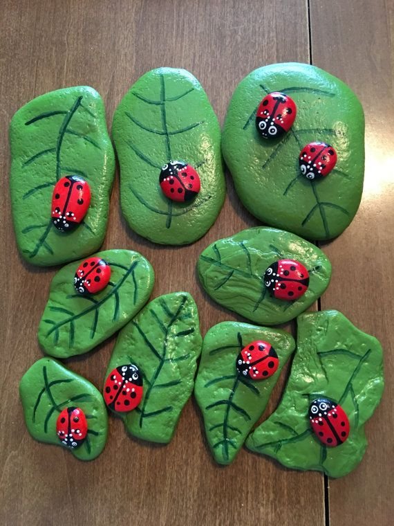 Painted Rock Garden Ladybug Leaves