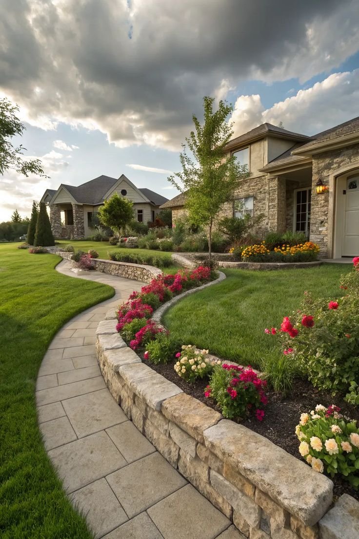 Large Front Yard Landscaping Seasonal Blooms