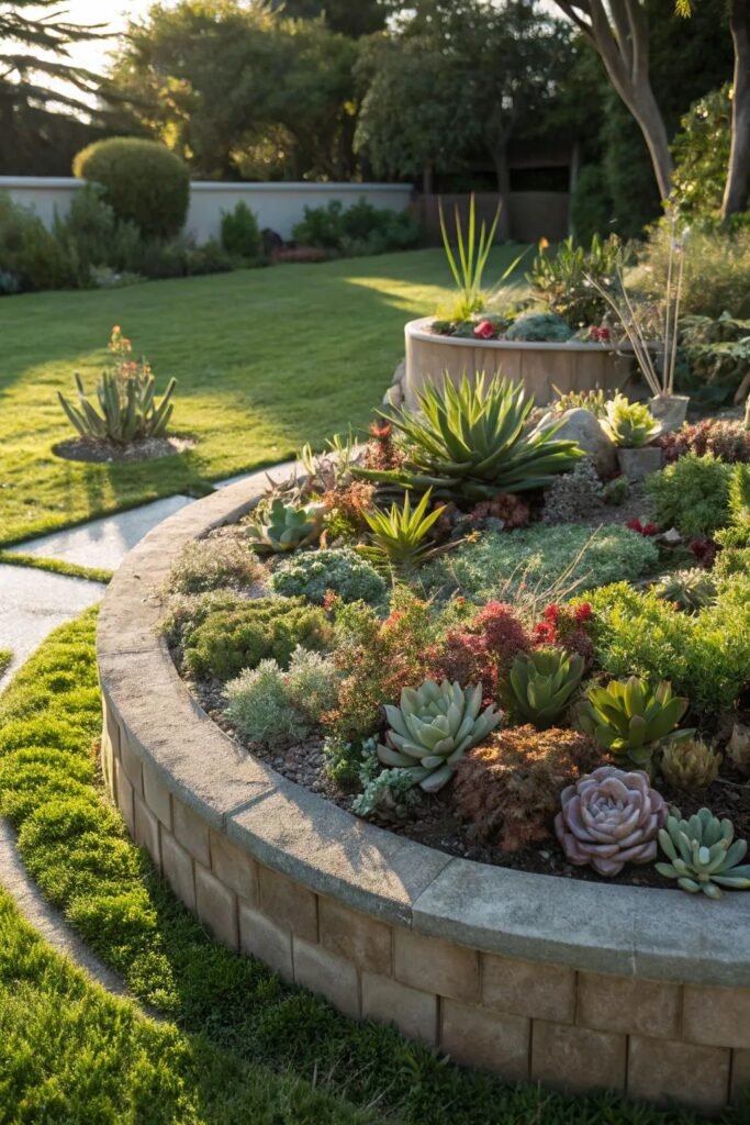 Round Flower Beds Textured Stone Borders
