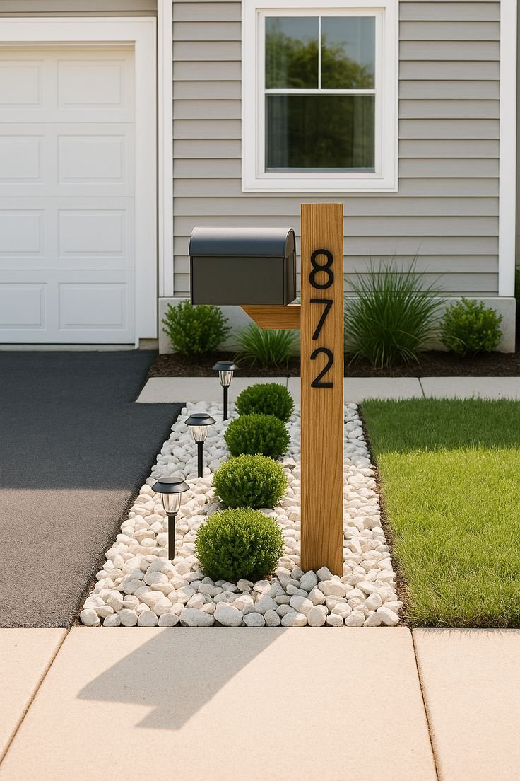 Small Front Yard Landscaping Modern Minimalism with Stone and Lights